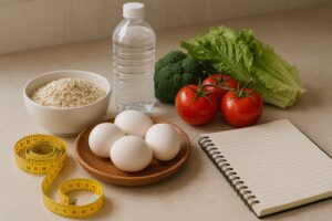 Itens de alimentação e planejamento ligados à perda de gordura abdominal sobre uma bancada