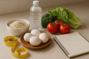Itens de alimentação e planejamento ligados à perda de gordura abdominal sobre uma bancada