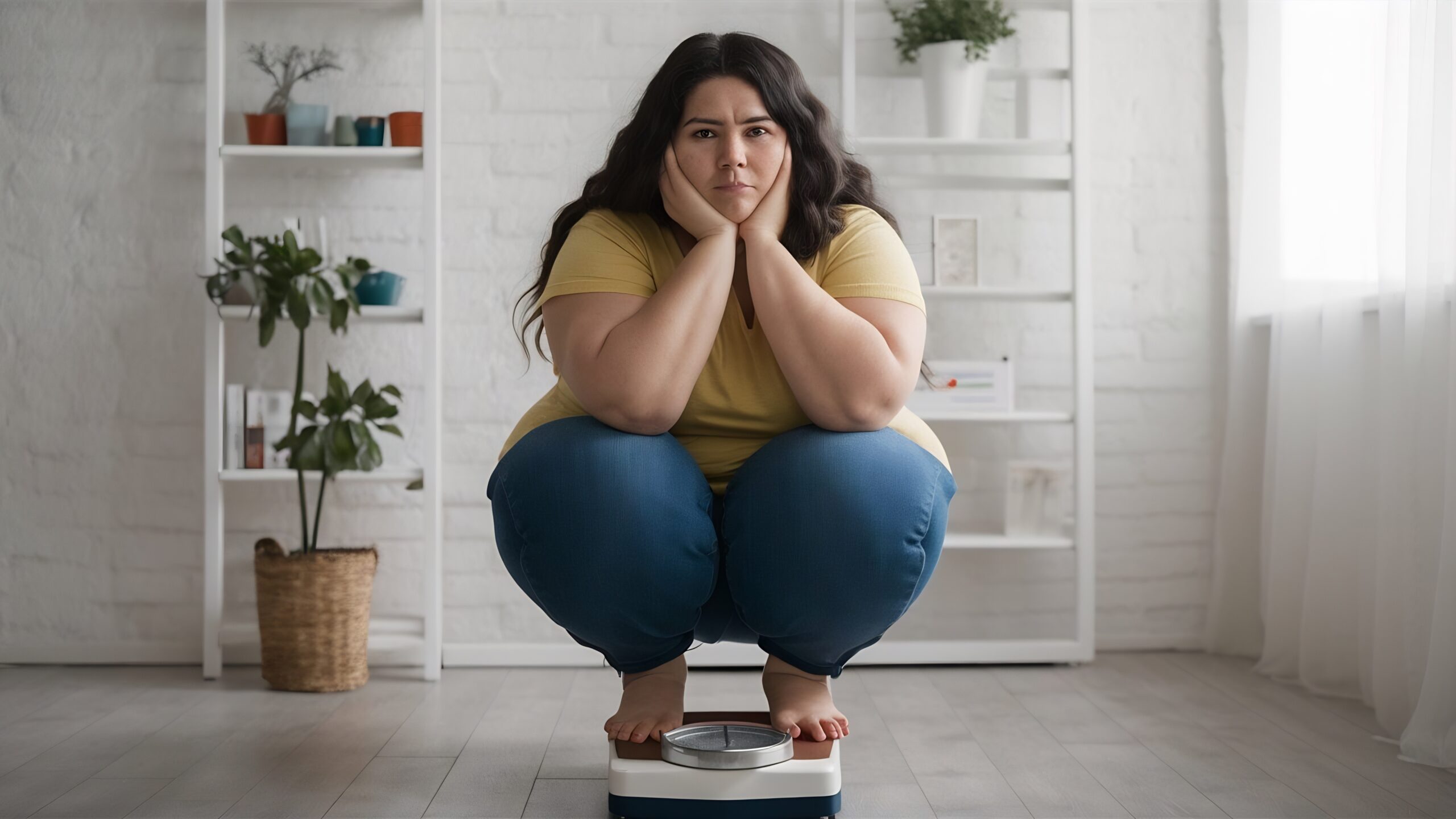 full length portrait sad thick woman standing weighing machine isolated white wall scaled - Por que n&atilde;o consigo emagrecer: 12 motivos comuns e o que fazer de forma segura