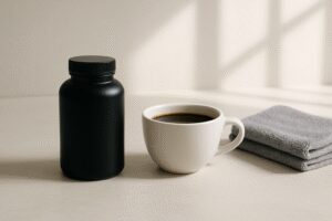 Composição minimalista sobre termogênico com café e itens de treino