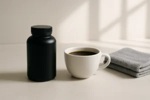Composição minimalista sobre termogênico com café e itens de treino