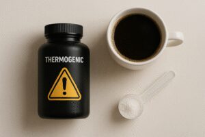 Composição editorial minimalista com café e frasco genérico de suplemento, representando cuidados com termogênicos