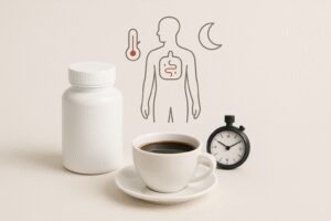 Composição editorial minimalista relacionada a termogênico e metabolismo com café e frasco genérico