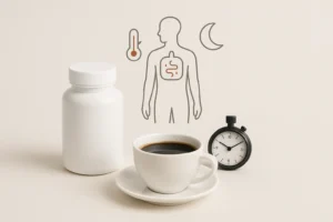 Composição editorial minimalista relacionada a termogênico e metabolismo com café e frasco genérico