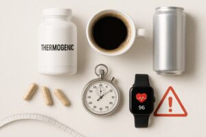 Frasco genérico de suplemento e cápsulas em fundo claro representando tema de termogênico e segurança