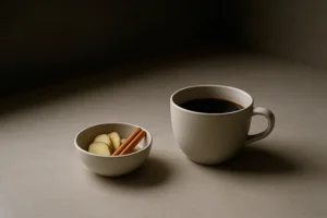 Xícara de café e ingredientes naturais associados à termogênese em composição minimalista