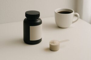 Composição minimalista com frasco genérico de suplemento e xícara de café representando termogênico potente