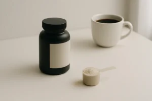 Composição minimalista com frasco genérico de suplemento e xícara de café representando termogênico potente