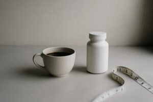 Bancada minimalista com café e elementos de rotina fitness relacionados a termogênico