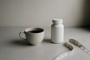 Bancada minimalista com café e elementos de rotina fitness relacionados a termogênico