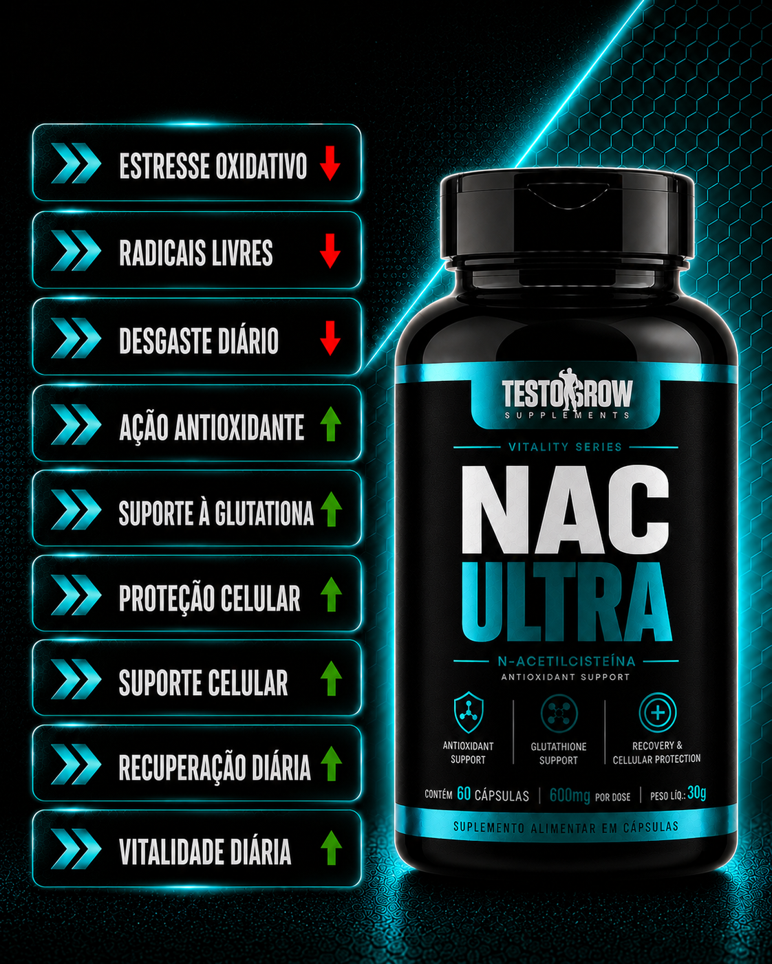 NAC Ultra – Suporte Antioxidante, Proteção Celular & Glutationa – (60 Cápsulas)
